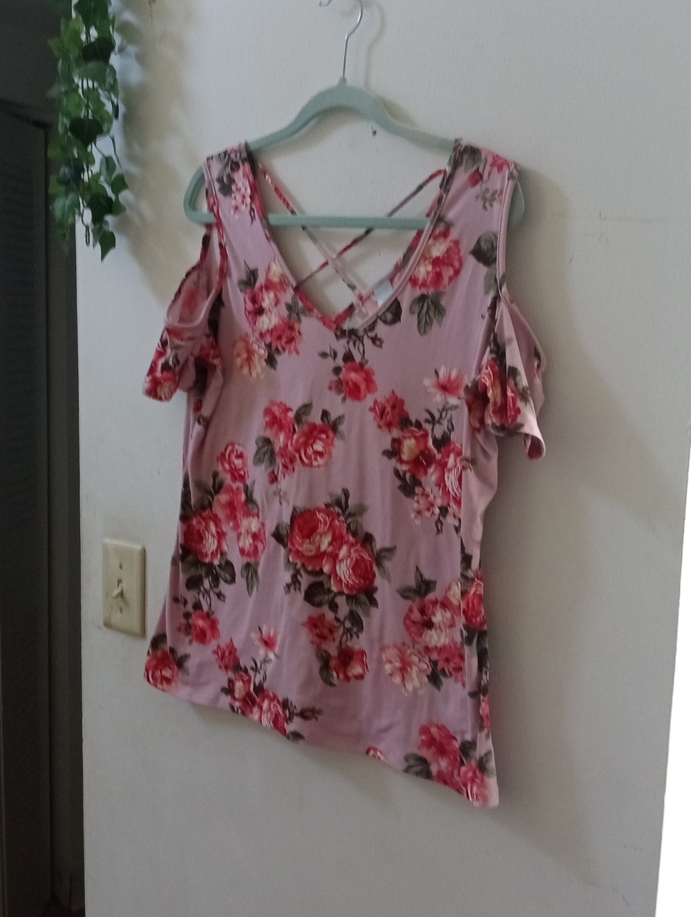 Floral Cold-Shoulder V-Neck Top with Crisscross Back - Pink